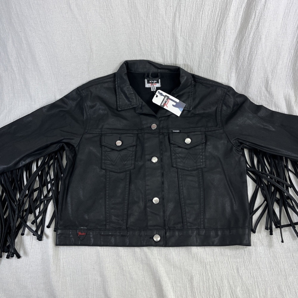 Wrangler Fender Fringe Jacket Black Biker Western Cowboy Rock Metal Oversized XS